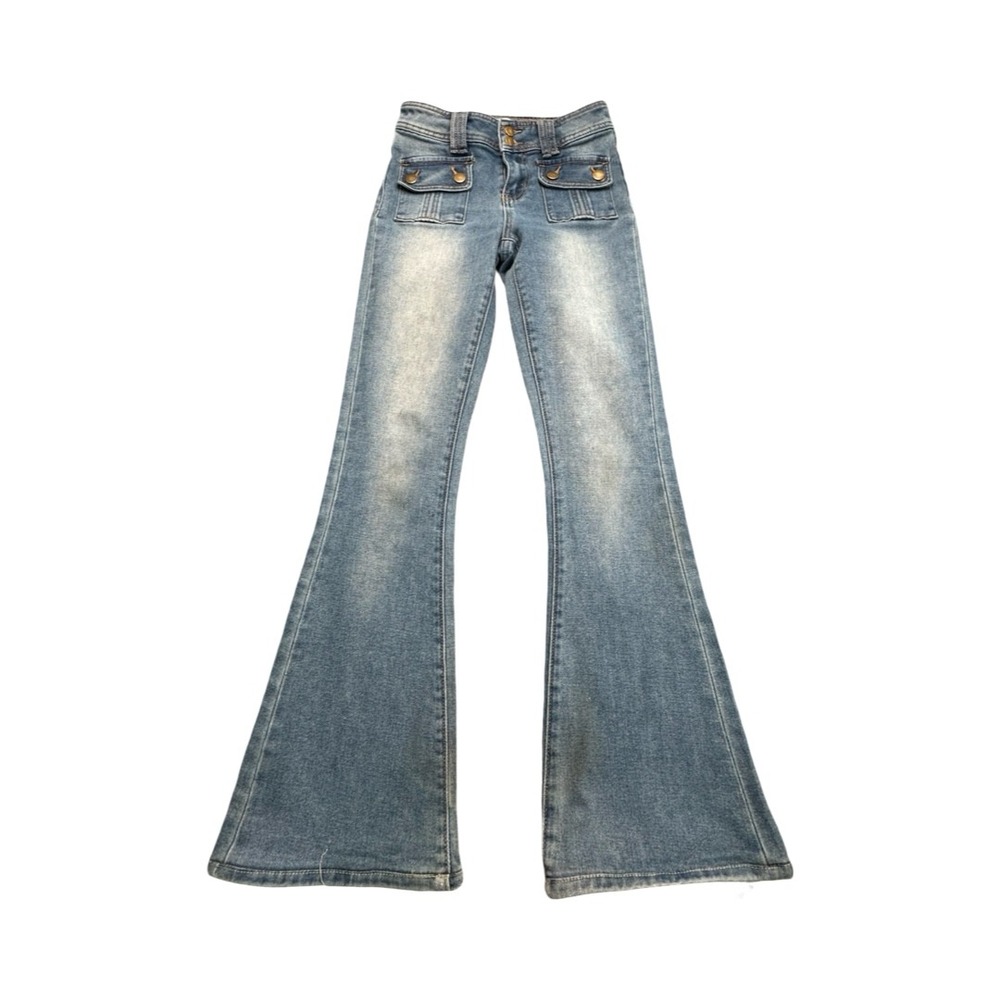 rue21 Flare Jeans Womens 2 Light Wash Button Pocket High‎ Rise Raw Hem Stretch